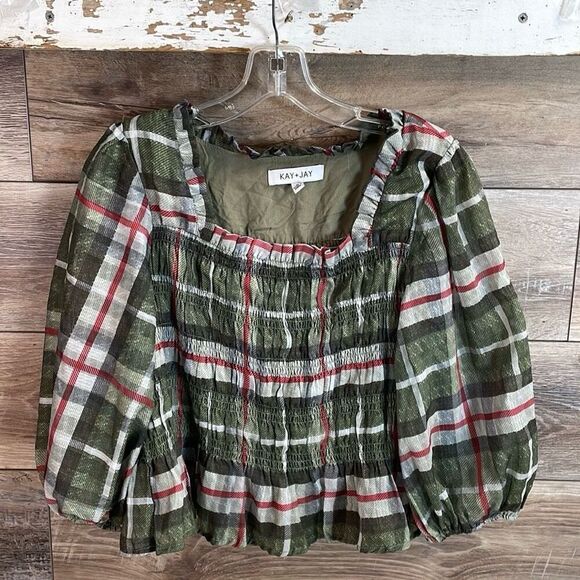 KAY + JAY  Bubble Sleeve Smocked Ruffled Cropped Blouse SZ Small Dark Green Red - Picture 3 of 7